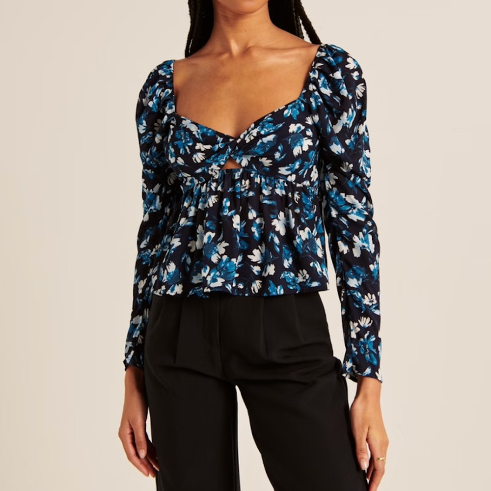 Abercrombie Long-Sleeve Sheer Twist-Front Top - Blue Floral